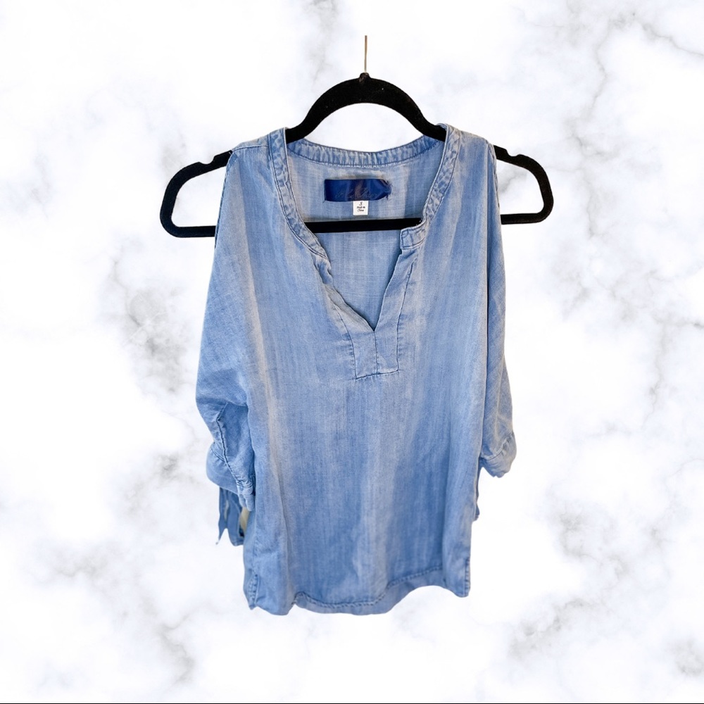 Blue Rain Cold Shoulder Thin Denim Bow Sleeve Blouse